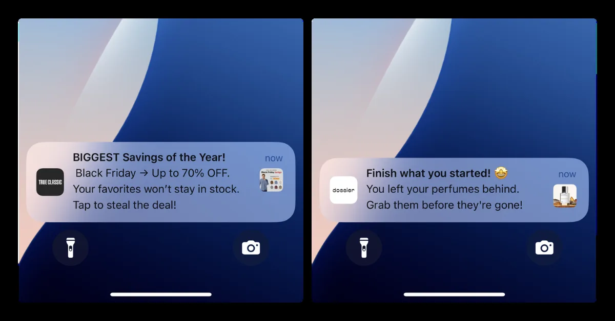 Examples of ecommerce push notifications on mobile lock screens