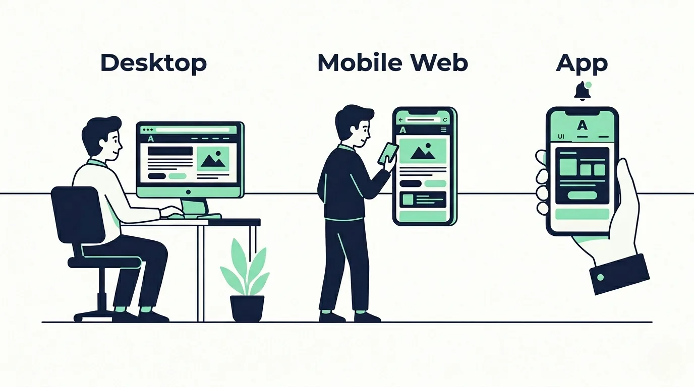 Desktop, mobile web, and app as three ecommerce shopping channels