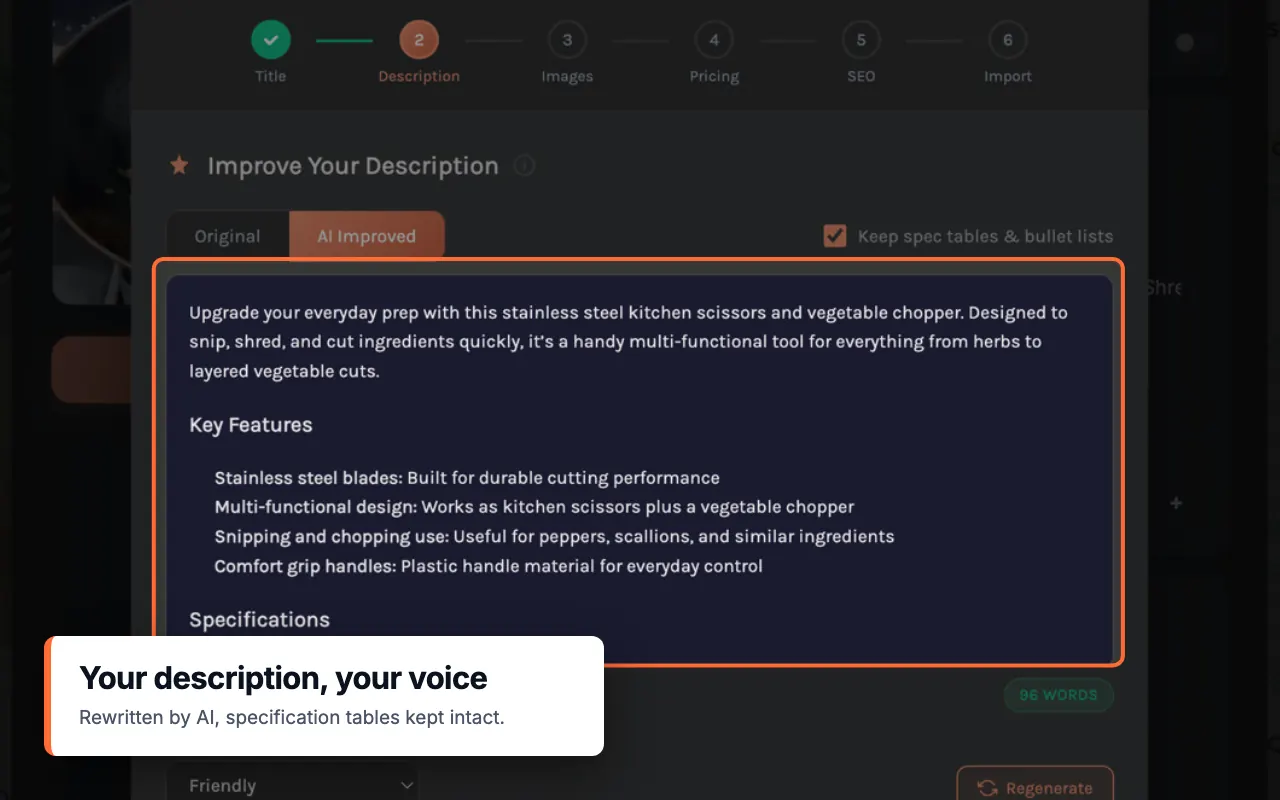 Importify AI description step showing rewritten copy with specification tables preserved