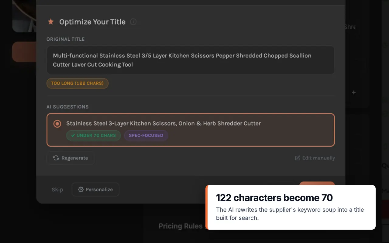 Importify AI title step comparing a supplier title with a shorter suggestion