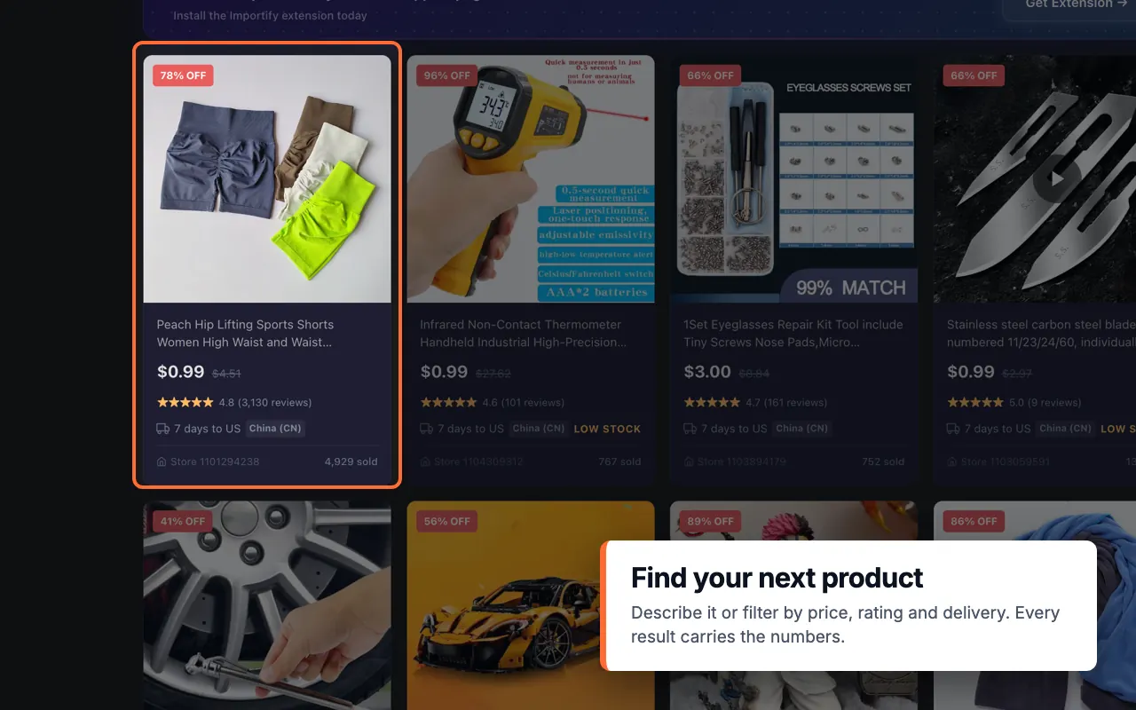 Importify Product Finder results filtered for a dropshipping product search