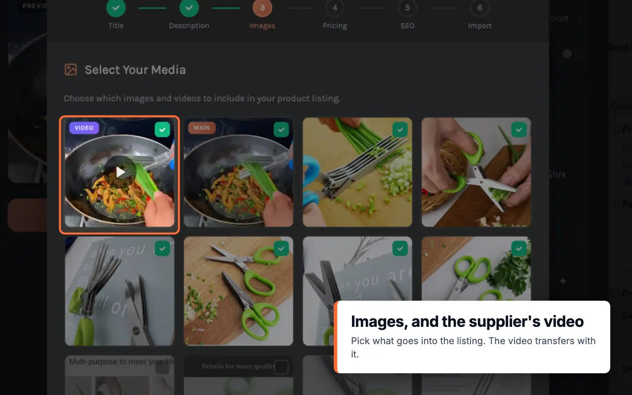 Importify Images step for choosing product photos and a supplier video