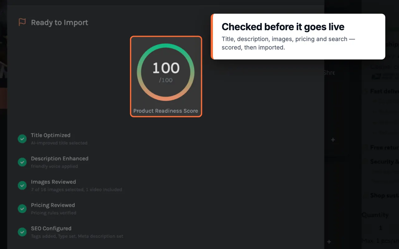 Importify product readiness screen with five listing checks completed
