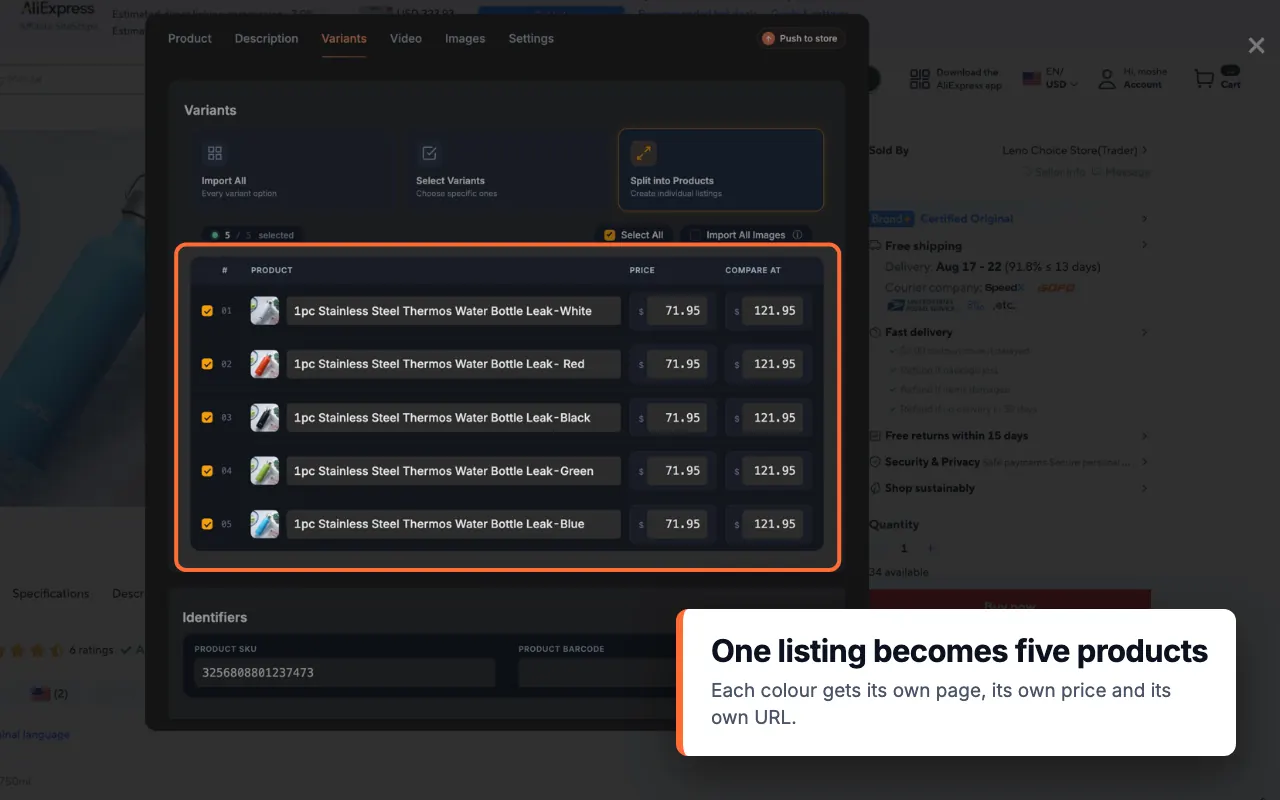 Importify Variants tab splitting five color options into separate products
